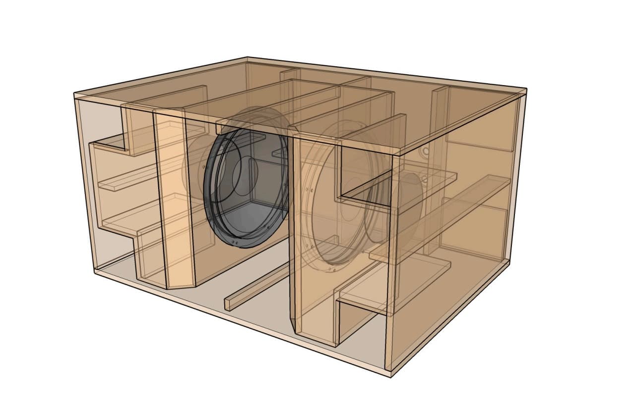 21" Manifold subwoofer cabinet 3D render showing internal bracing and driver chambers