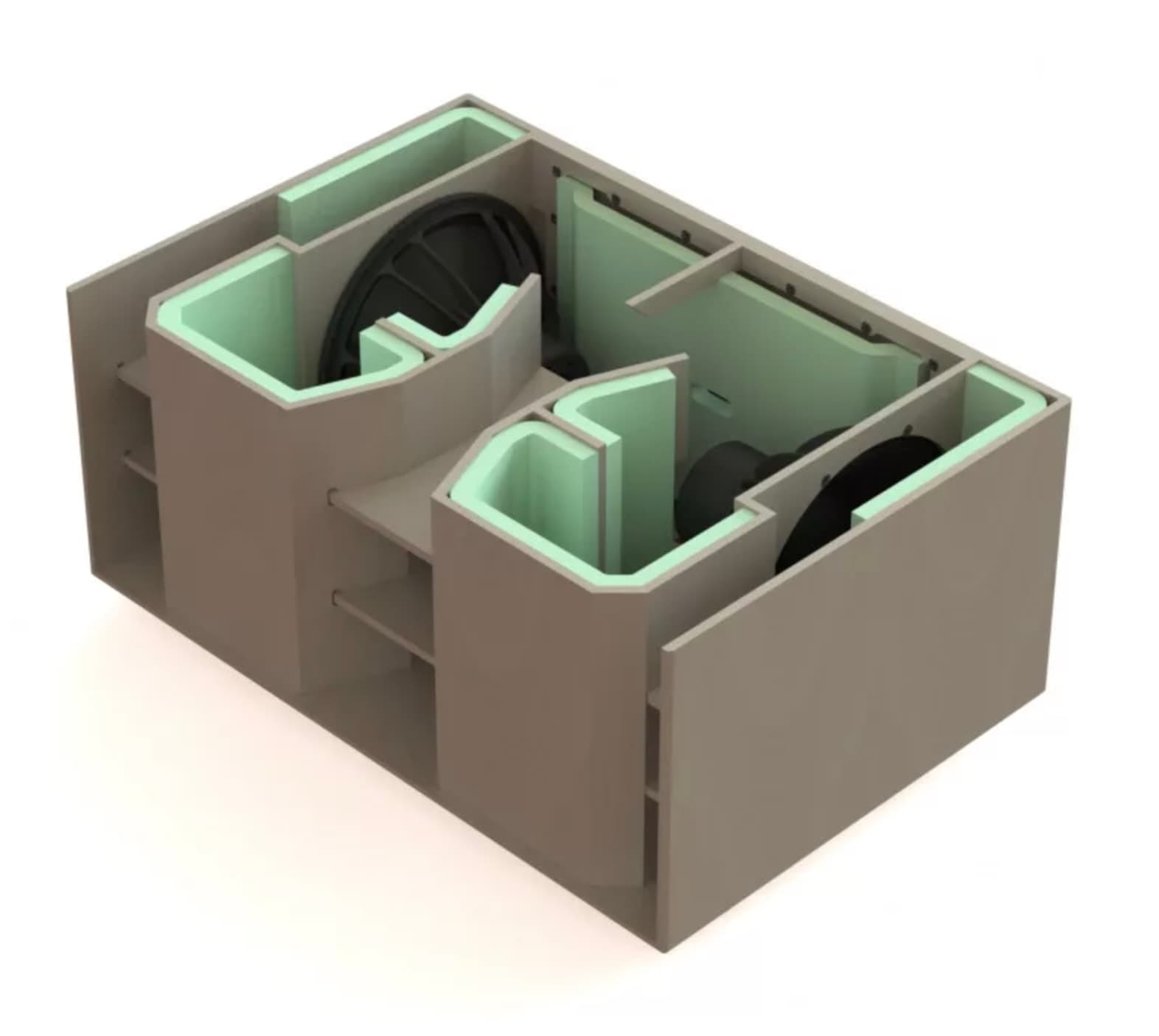 S218BP subwoofer cabinet 3D render showing internal bracing and driver chambers