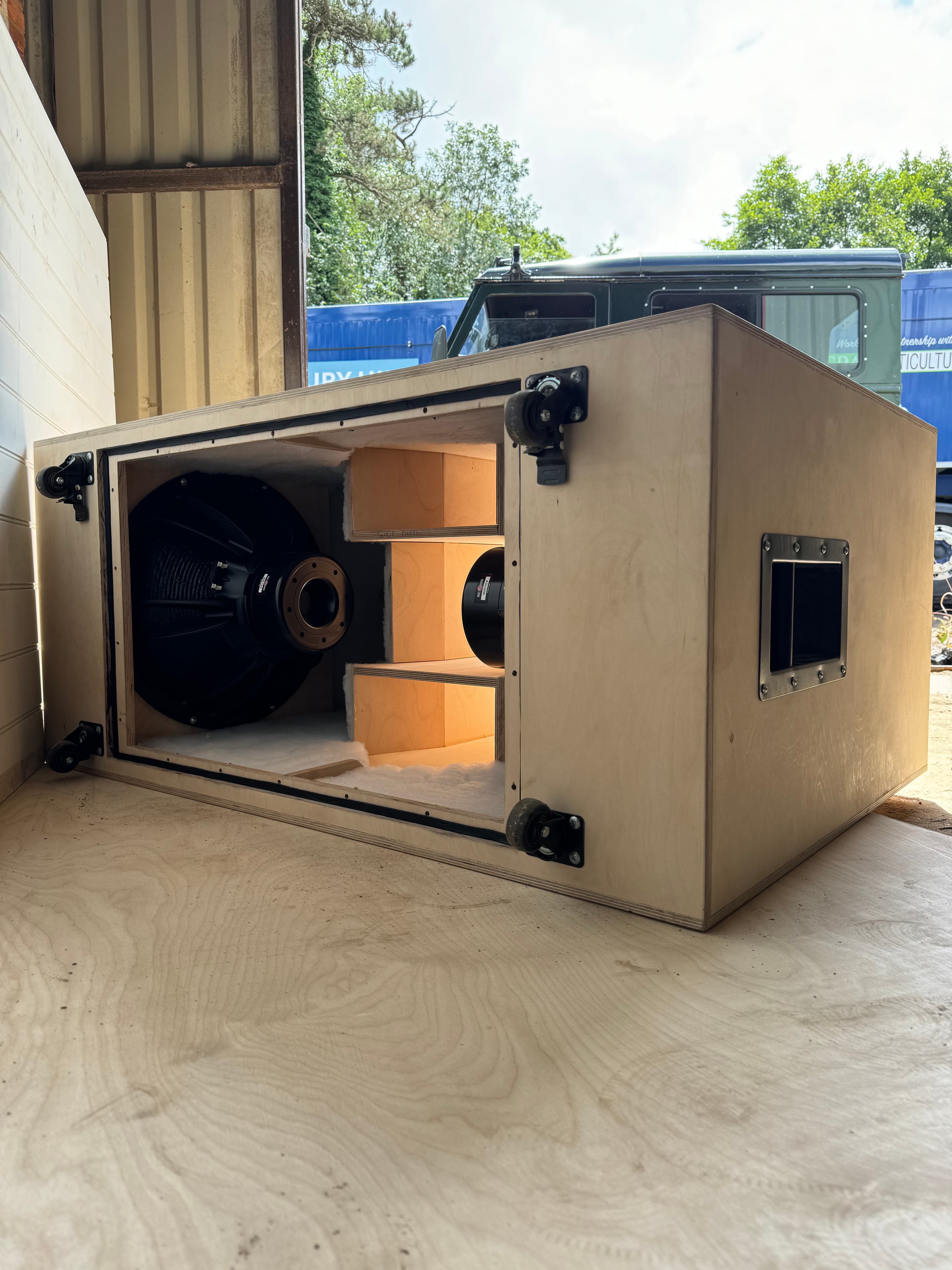 B&C S218BP subwoofer flatpack kit fully assembled - dual 18-inch drivers loaded, internal bracing, castors and Speakon connectors fitted